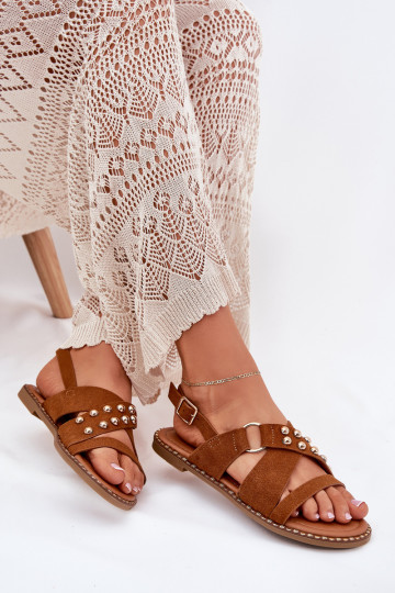 Damen-Sandalen mit breiten Absätzen und goldenen Schnallen in Braun Zanira
