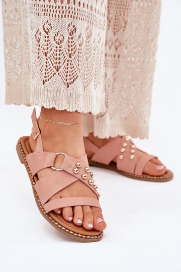 Damen-Sandalen mit breiten Absätzen und goldenen Schnallen in Rosa Zanira