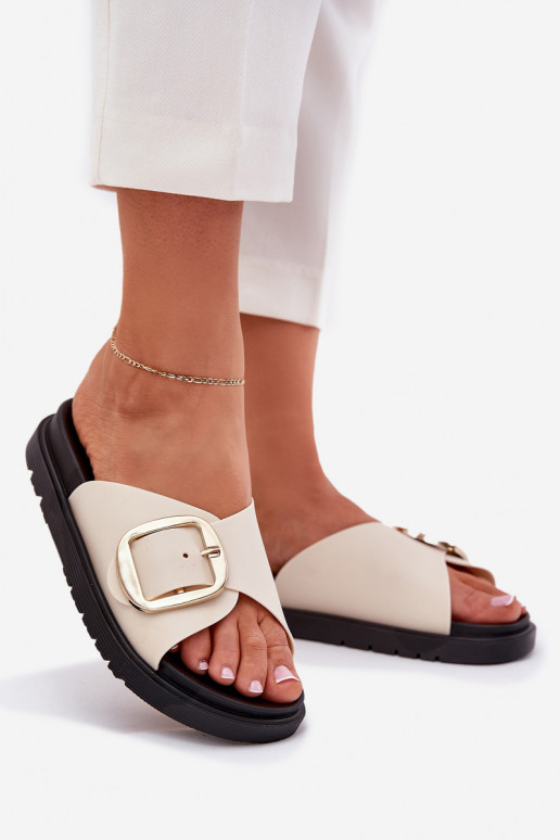 Damenhausschuhe mit einer Plattform mit goldenen Schnallen Beige Jovira