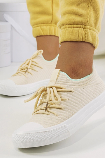 Beige Damen-Schnürsneakers, leichtes Gewebe, Medina