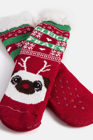 Rote warme Socken mit Challi dem Hund 2