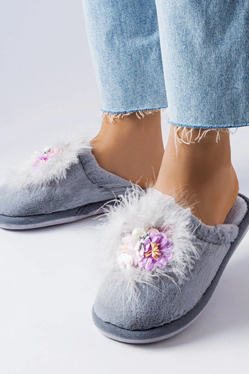 Graue warme Hausschuhe mit Blumen Moly