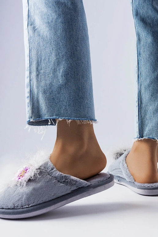 Graue warme Hausschuhe mit Blumen Moly