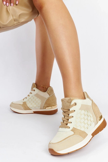 Beigefarbene Sneakers mit Keilabsatz in Kastanienbraun 2