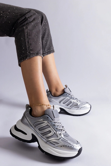 Gemre Damen silberne Sportschuhe mit dicker Sohle, bequeme Stoff-Sneaker Garza