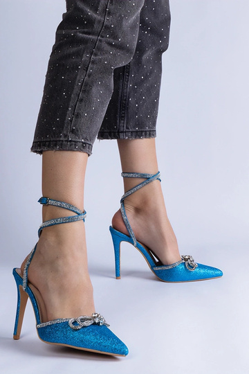 Gemre Damen Pumps in Blau mit hohem Absatz, mit Glitzer und spitzer Schleife Merkuri