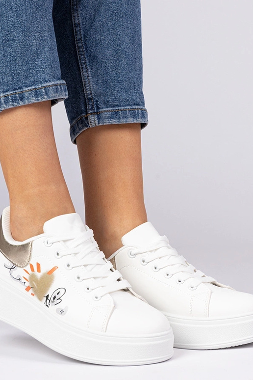 Weiß-goldene Damen Sneakers mit Druck... Weiß-goldene Damen Sneakers mit Druck...