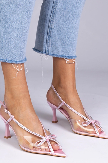 Rosa transparente Sandalen mit Absatz und Zirkonsteinen, „Kloksi"