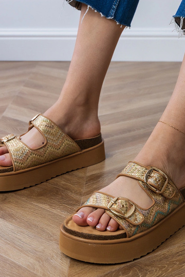 Goldene Sandalen mit Schnallen an Riemen Orinos