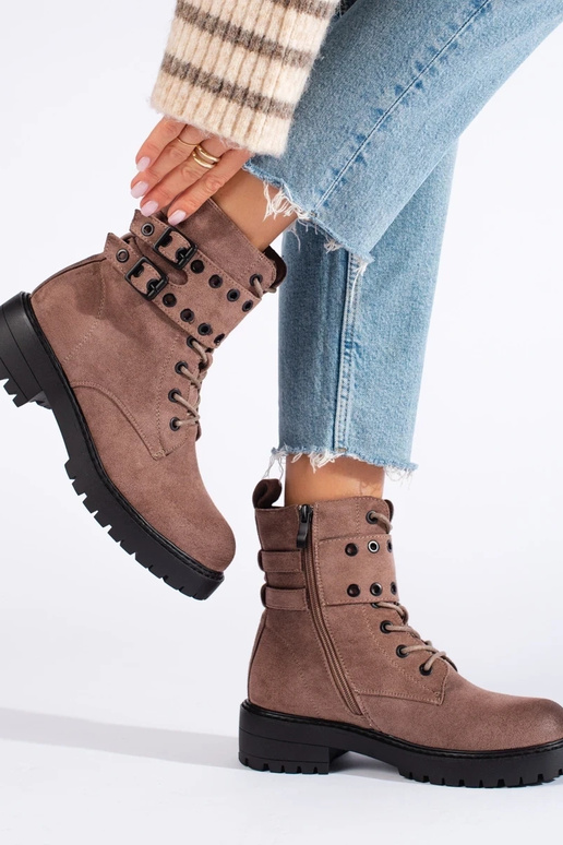 Dunkelbeige Damen-Schnürstiefeletten...