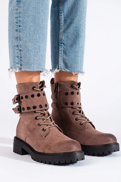 Dunkelbeige Damen-Schnürstiefeletten...