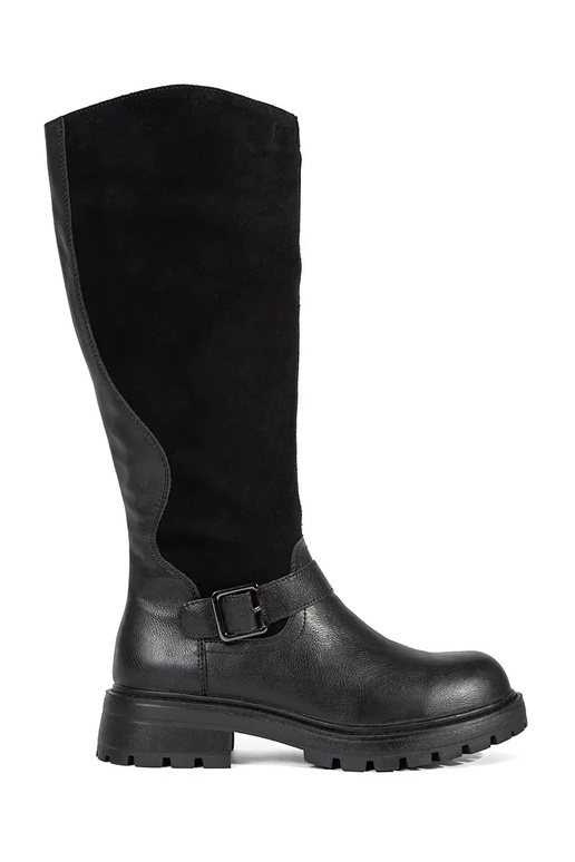 Schwarze Leder Damen Plateaustiefel...