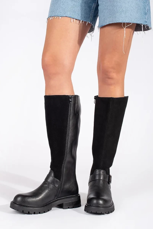 Schwarze Leder Damen Plateaustiefel...