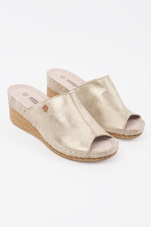 Goldene Damen Pantoletten auf Keilabsatz