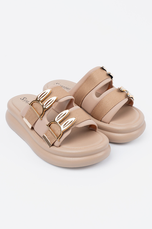 Sandfarbene Schlappen mit goldenen...