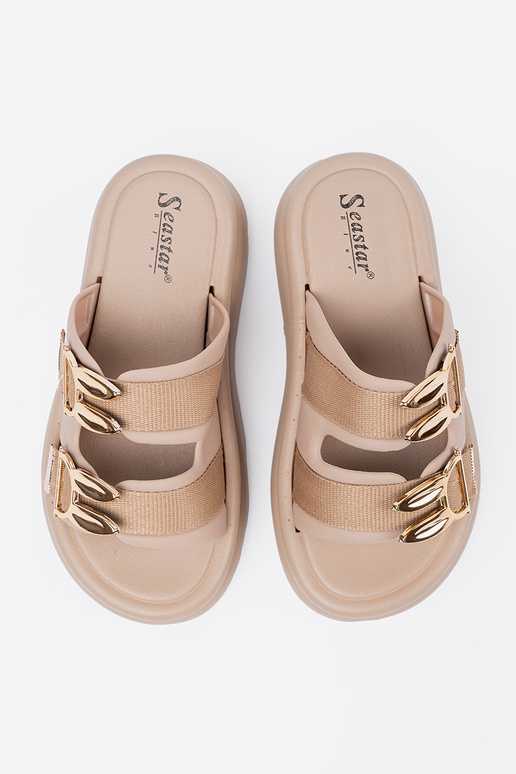 Sandfarbene Schlappen mit goldenen...