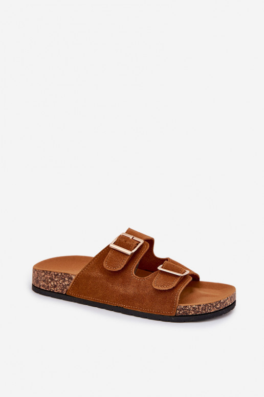 Damenhausschuhe Ze goldene Farbemi mit Schnallenmi I Przeszyciami braune Farbe Lunera