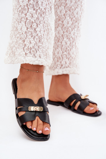 Schwarze flache Damen-Slipper mit Streifen und goldfarbenen Details Kerenza 2