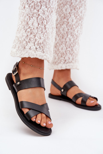 Schwarze flache Damen-Sandalen aus Eco-Leder Kalira 2