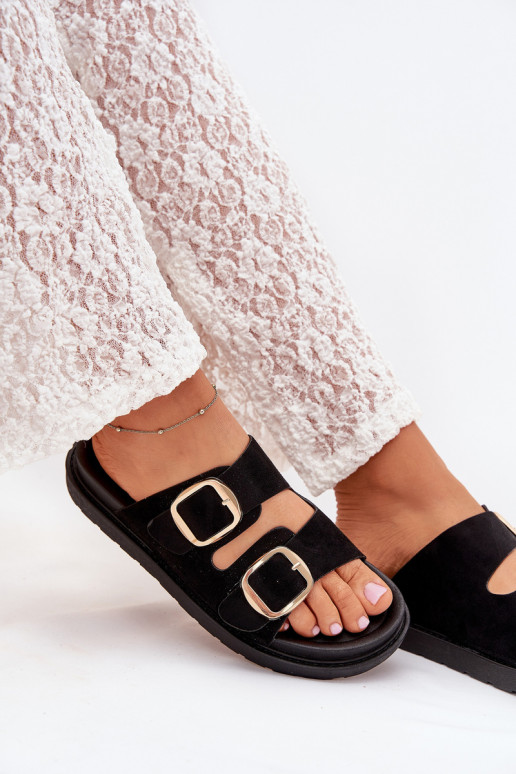 Damenhausschuhe mit einer Plattform Ze goldene Farbemi mit Schnallenmi schZuarze Farbe Verena