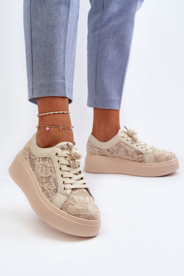 mit Spitzenmotiven Sneakers Stilvollllschuhe Feminin mit einer Plattform S.Barski HY025 Beige