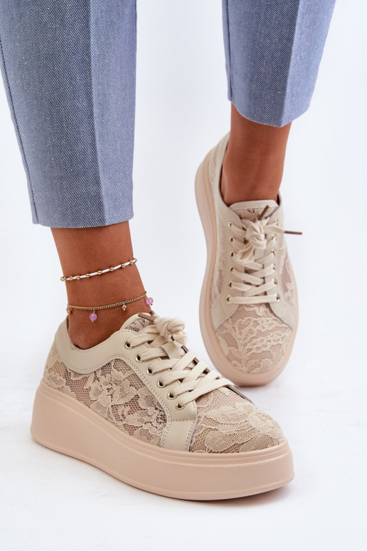 mit Spitzenmotiven Sneakers Stilvollllschuhe Feminin mit einer Plattform S.Barski HY025 Beige