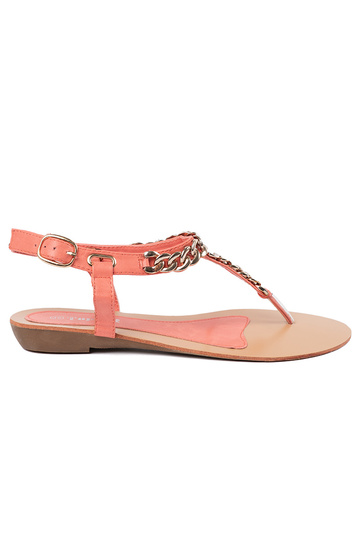 Korallenfarbele Sandalen Hausschuhe mit einer Kette 2