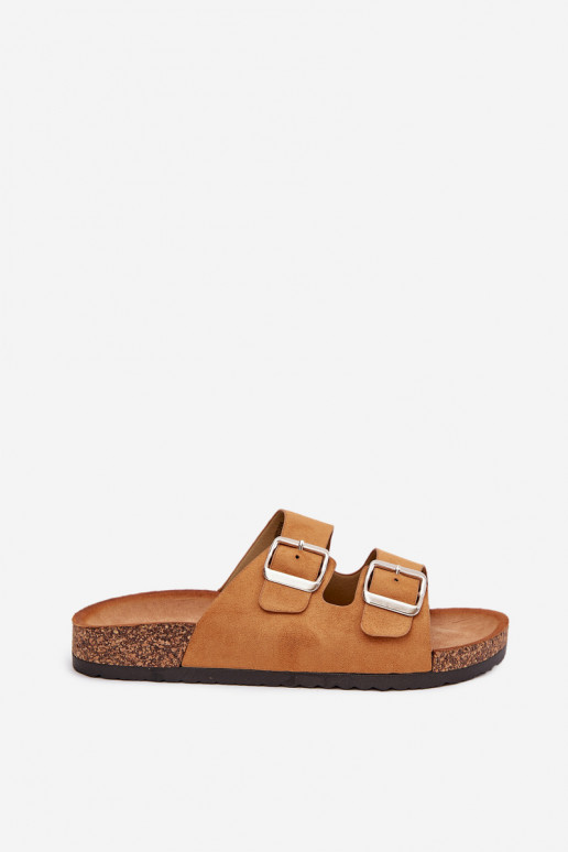 Damenhausschuhe mit einer Plattform mit Schnallen braune Farbe Livara Damenhausschuhe mit einer Plattform mit Schnallen braune Farbe Livara