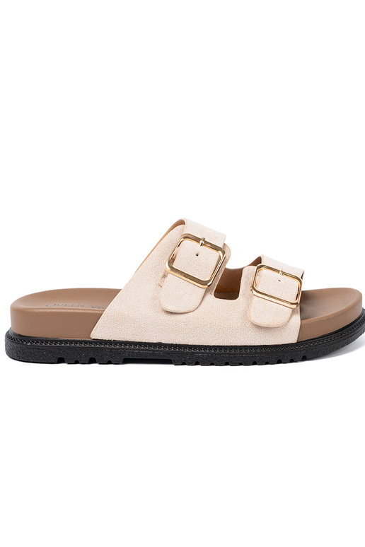 Modische Damenhausschuhe hellBeige z zamszoZuym Zuykończeniem