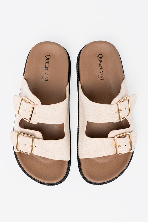 Modische Damenhausschuhe hellBeige z zamszoZuym Zuykończeniem