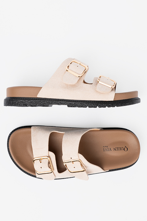 Modische Damenhausschuhe hellBeige z zamszoZuym Zuykończeniem