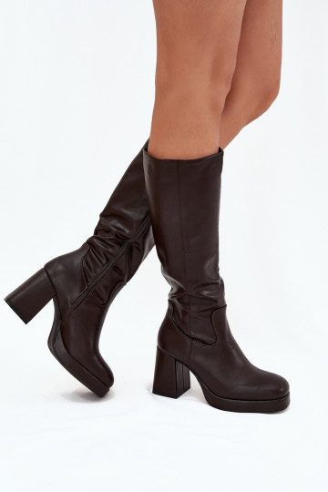 Damenstiefel bis zu den Knien mit Blockabsatz, schokoladenfarbig „Selvia"