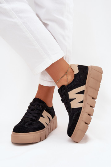aus INildleder Feminin Sneakers Stilvollllschuhe mit einer Plattform Vinceza 79561 schZuarze Farbe