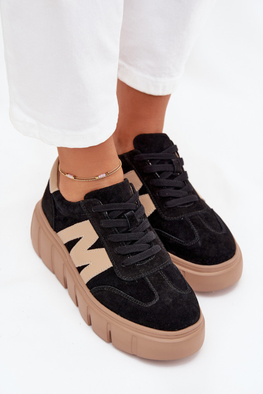 aus INildleder Feminin Sneakers Stilvollllschuhe mit einer Plattform Vinceza 79561 schZuarze Farbe