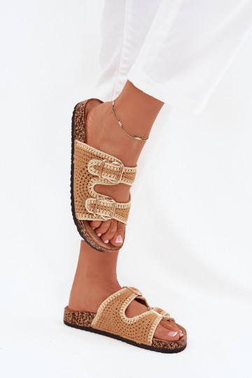 Gehäkelte Damen-Pantoffeln mit goldenen Schnallen, in braun „Fenira"
