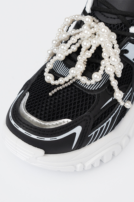 schZuarze Farbe Sneakers Stilvollllschuhe z białą kokardą i koralikami