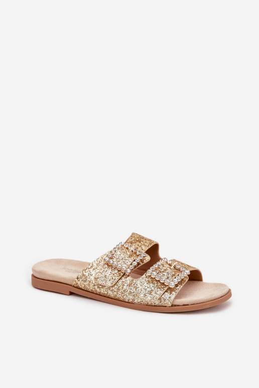 mit Glanz Dekoriert Hausschuhe mit Schnallen mit breiten Absätzen goldene Farbe Tovira mit Glanz Dekoriert Hausschuhe mit Schnallen mit breiten Absätzen goldene Farbe Tovira