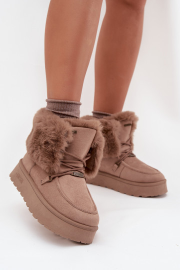 Damen Schneestiefel mit Plattform, Futter und Schnürsenkeln Big Star SS274114 in Sandfarbe