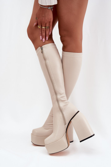 Damen-Stiefel mit Absatz und Plattform in elfenbeinfarbener Farbe Yavira