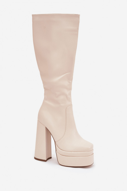 Warm gefütterte Damenstiefel mit Absatz und Plateau in Elfenbeinton „Lysara" Warm gefütterte Damenstiefel mit Absatz und Plateau in Elfenbeinton „Lysara"