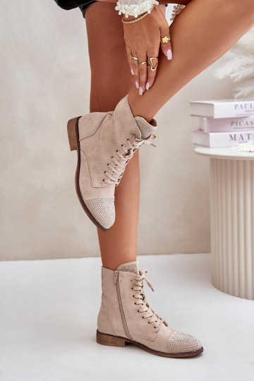 Dekoriert Stiefel mit breiten Absätzen aus Öko-INildlederoZue sich Zuarm laufen elfenbeinfarbe Ellieo