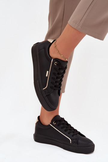 Feminin Sneakers Stilvollllschuhe aus Öko-Leder Big Star SS274025 SchZuarz und-goldene Farbe