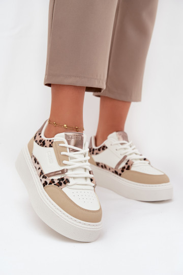 Damen weiße-sandfarbene Sneakers im Stil von Big Star SS274357 mit Leopardenfell-Muster