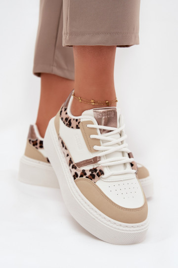 Damen weiße-sandfarbene Sneakers im Stil von Big Star SS274357 mit Leopardenfell-Muster 2