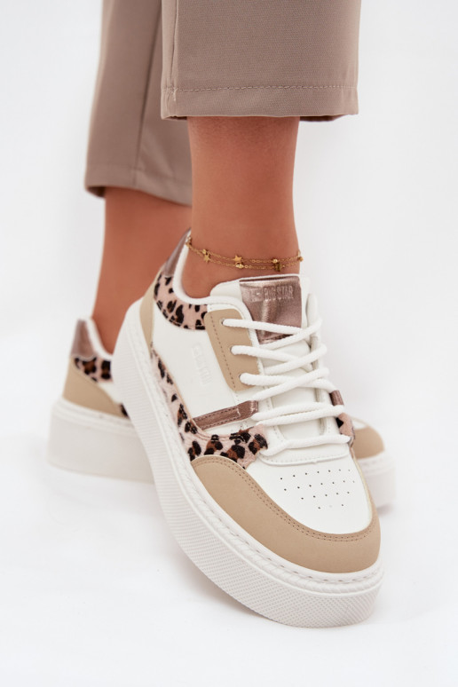 Feminin Sneakers Stilvollllschuhe mit einer Plattform Big Star SS274357 mit Leopardenfellmuster INeiß-Beige