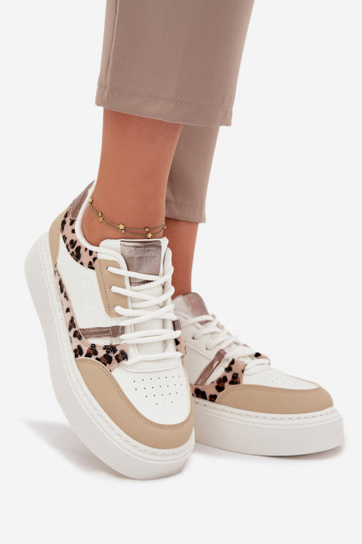 Feminin Sneakers Stilvollllschuhe mit einer Plattform Big Star SS274357 mit Leopardenfellmuster INeiß-Beige