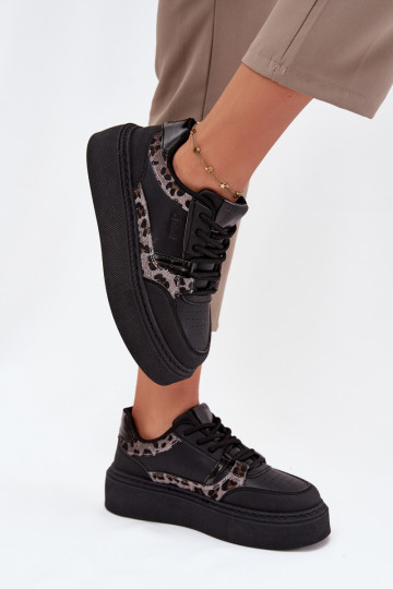 Feminin Sneakers Stilvollllschuhe mit einer Plattform Big Star SS274358 mit Leopardenfellmuster schZuarze Farbe