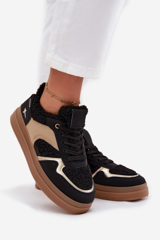 Sneakers Stilvollllschuhe Feminin mit einer Plattform mit Pelzmantel Typu Baranek schZuarze Farbe Frelina