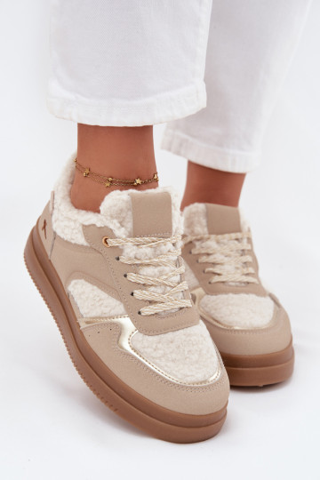 Sneakers Stilvollllschuhe Feminin mit einer Plattform mit Pelzmantel Typu Baranek Beige Frelina