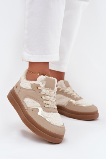 Sneakers Stilvollllschuhe Feminin mit einer Plattform mit Pelzmantel Typu Baranek Beige Frelina 2